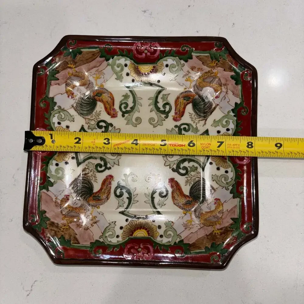 Hua Rong Tang Hand-Painted Square Rooster Decorative Plate